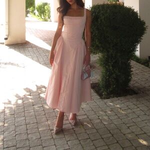 Soft Pink Square-Neck Midi Dress